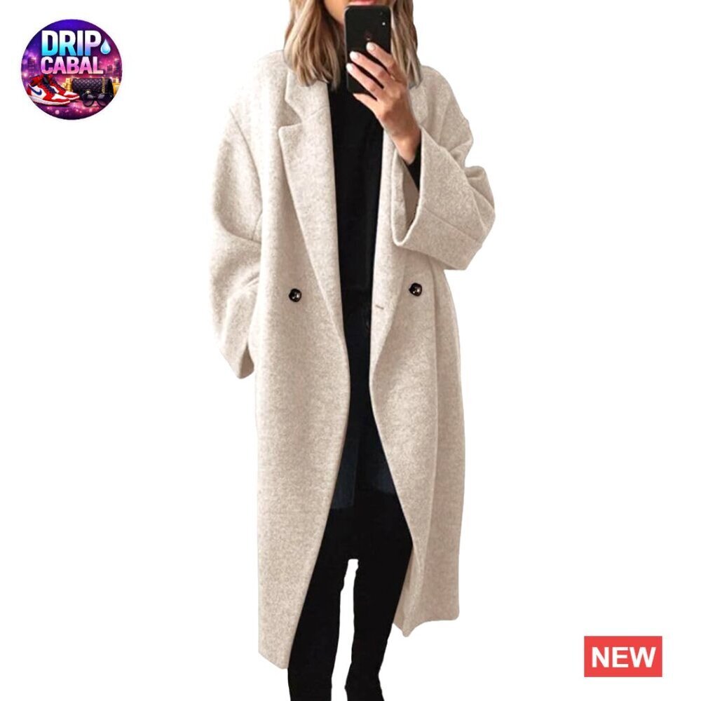 Oversized Pea Coat Notch Lapel Double Breasted Wool Blend Winter Overcoat Chic